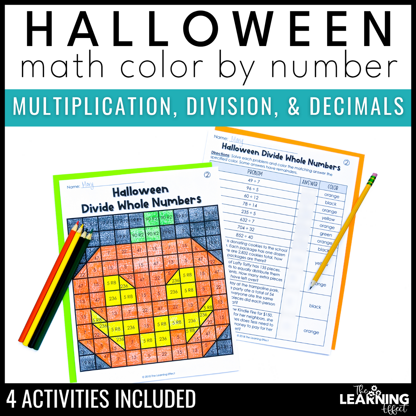 Halloween Math Activities Mystery Picture Worksheets | Color by Number