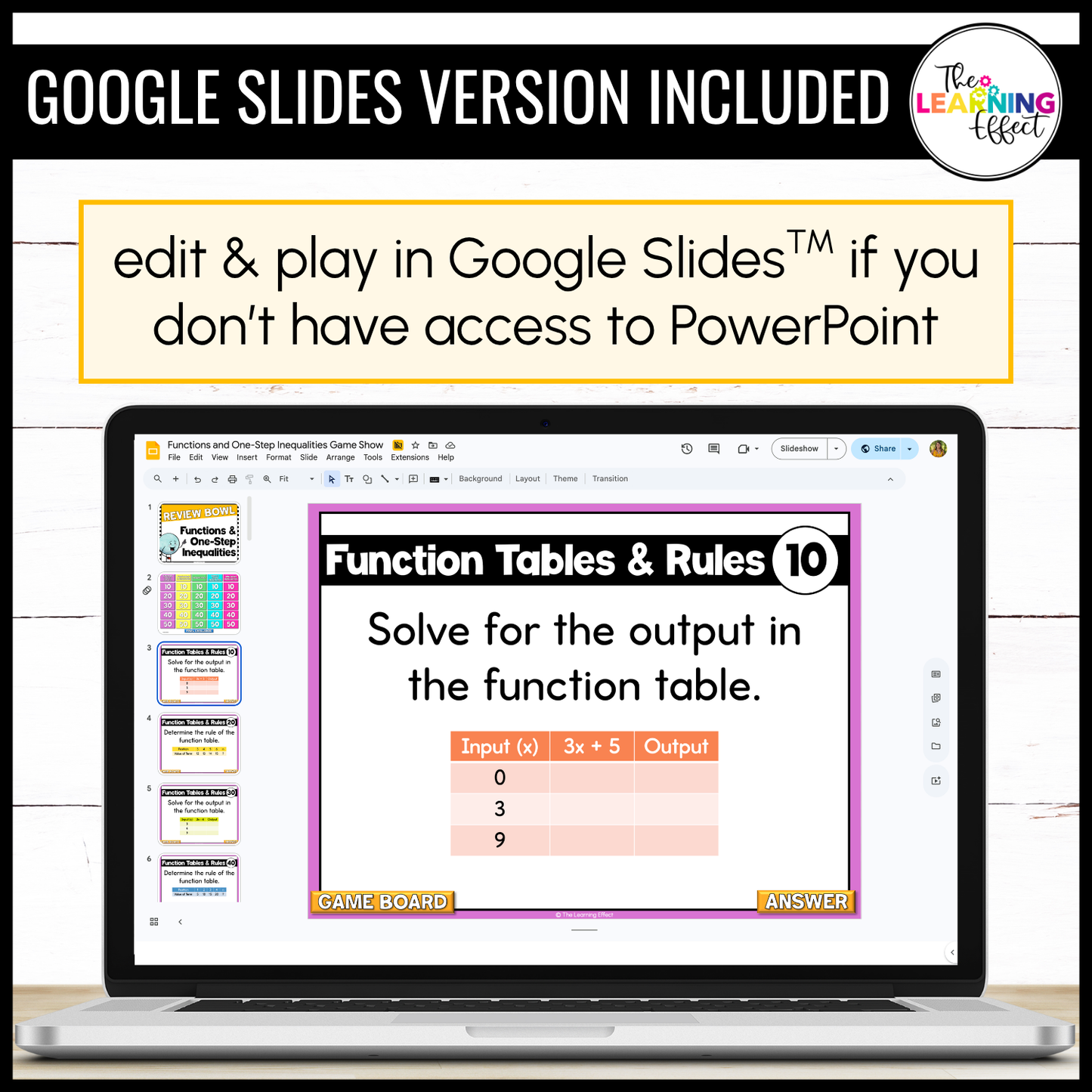 Functions and One-Step Inequalities Game Show | 6th Grade Math Test Prep Activity