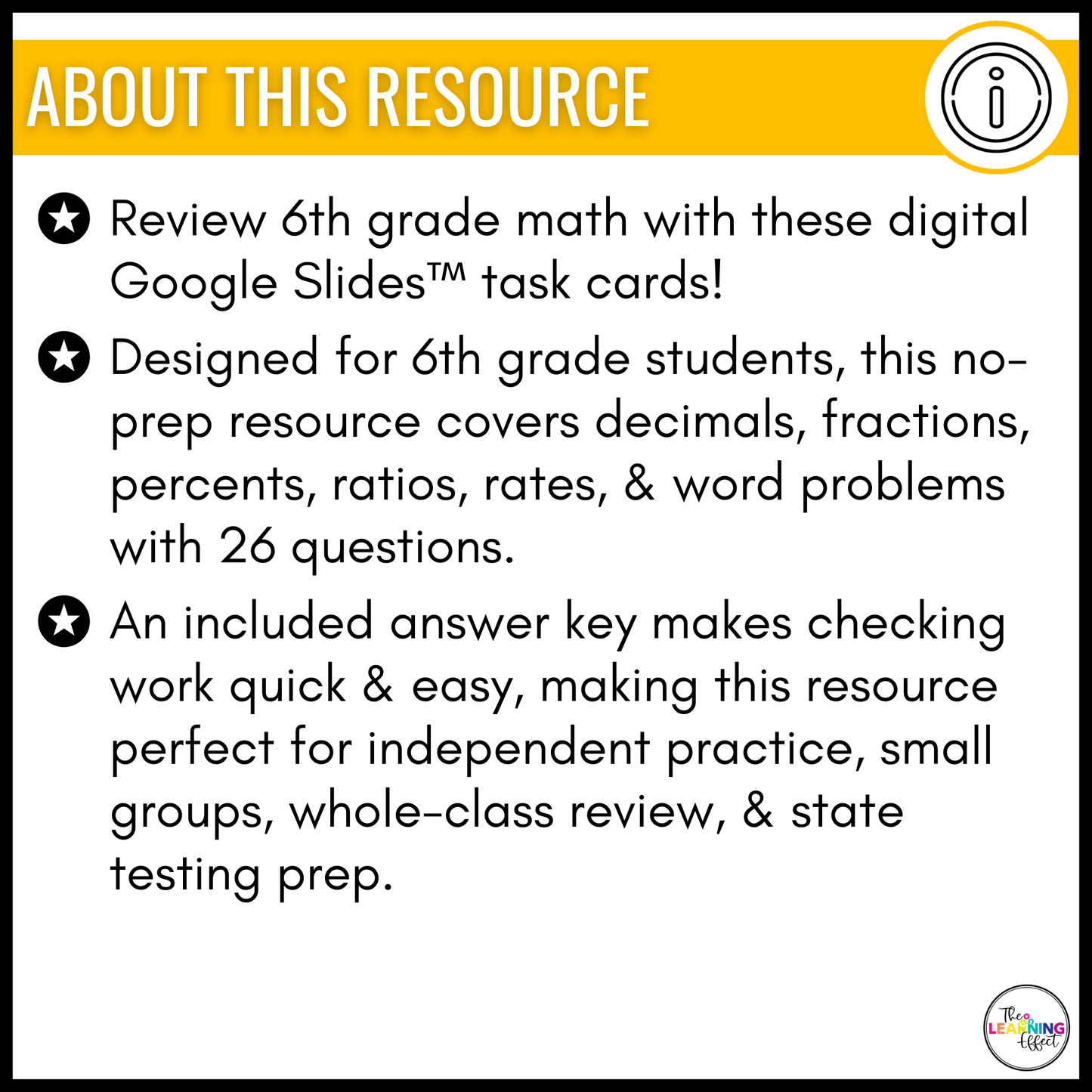 6th Grade Math Spiral Review #1 Google Slides | Digital Task Cards Test Prep Activity