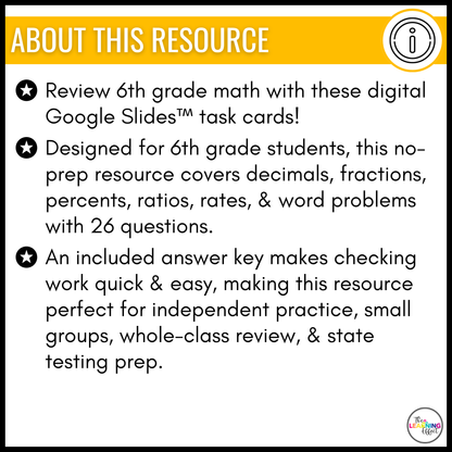 6th Grade Math Spiral Review #1 Google Slides | Digital Task Cards Test Prep Activity