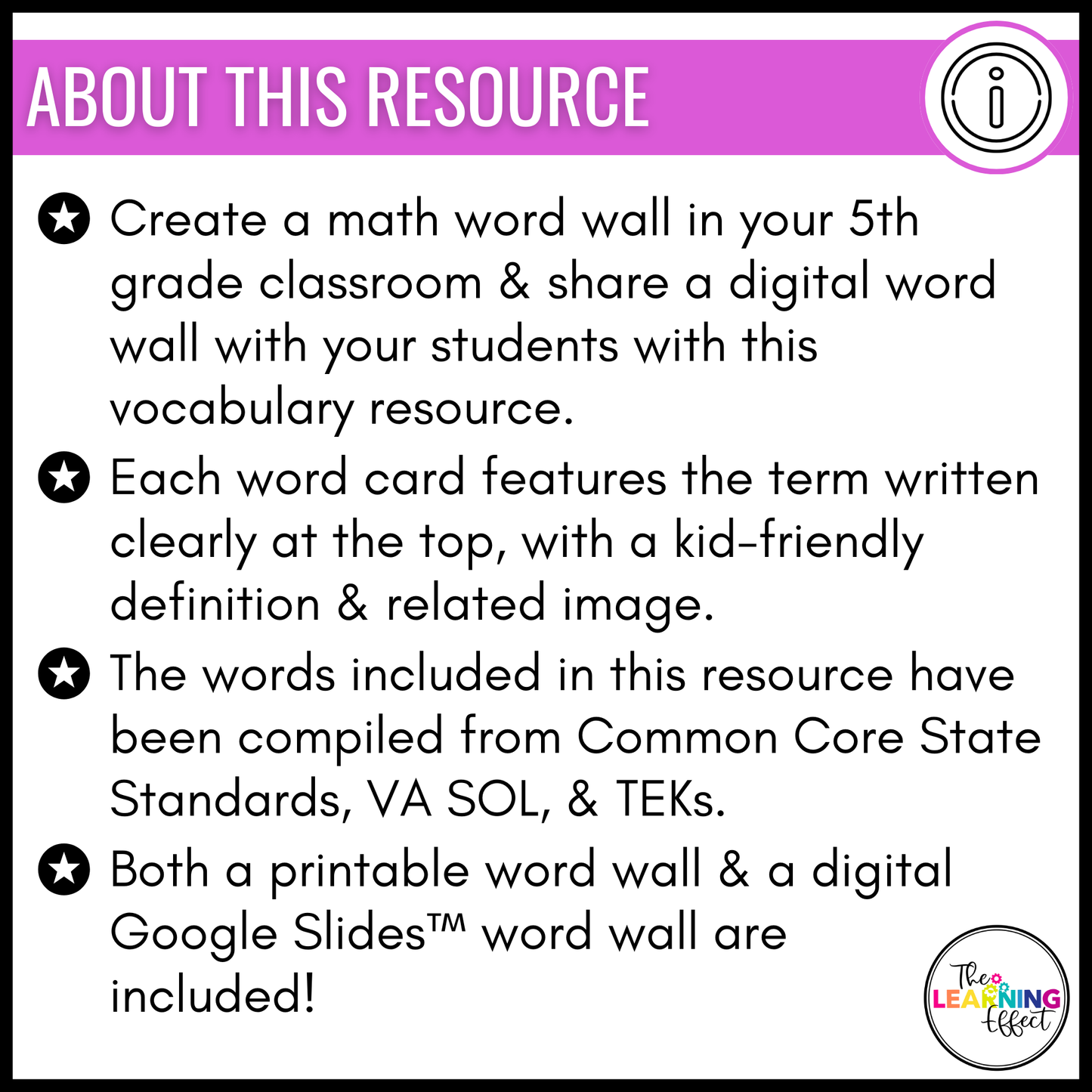 5th Grade Math Word Wall | Printable Vocabulary Cards and Digital Google Slides