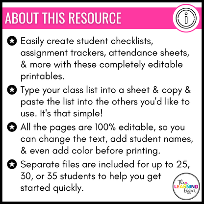 Editable Class Lists | Attendance Sheets | Gradebook | Checklist Templates