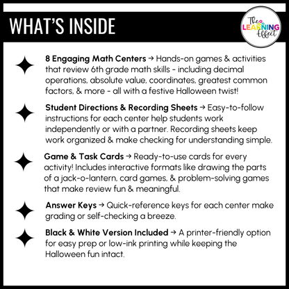 Halloween Math Centers Activities Games 6th Grade | Decimals, Fractions