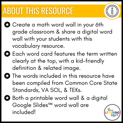 6th Grade Math Word Wall | Printable Vocabulary Cards and Digital Google Slides