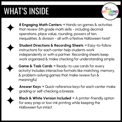 Halloween Math Centers Activities Games 5th Grade | Decimals, Division