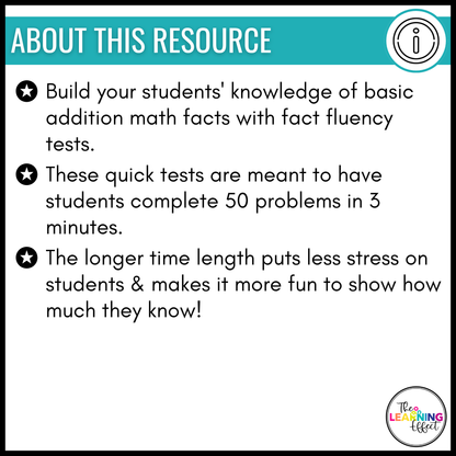Addition Timed Tests | Math Fact Fluency Practice Worksheets and Tracker