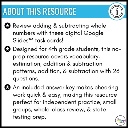 Adding and Subtracting Whole Numbers Google Slides | 4th Grade Digital Task Cards Activity