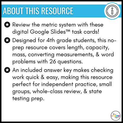 Metric System Measurement Google Slides | 4th Grade Digital Task Cards Activity