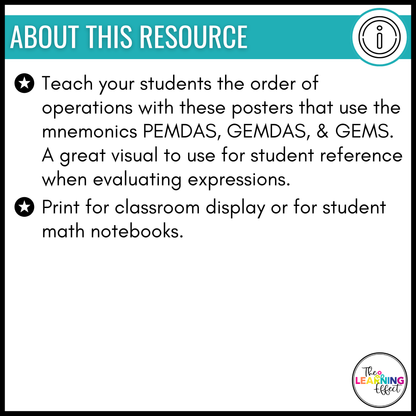 Order of Operations Math Posters | PEMDAS GEMDAS GEMS Anchor Charts