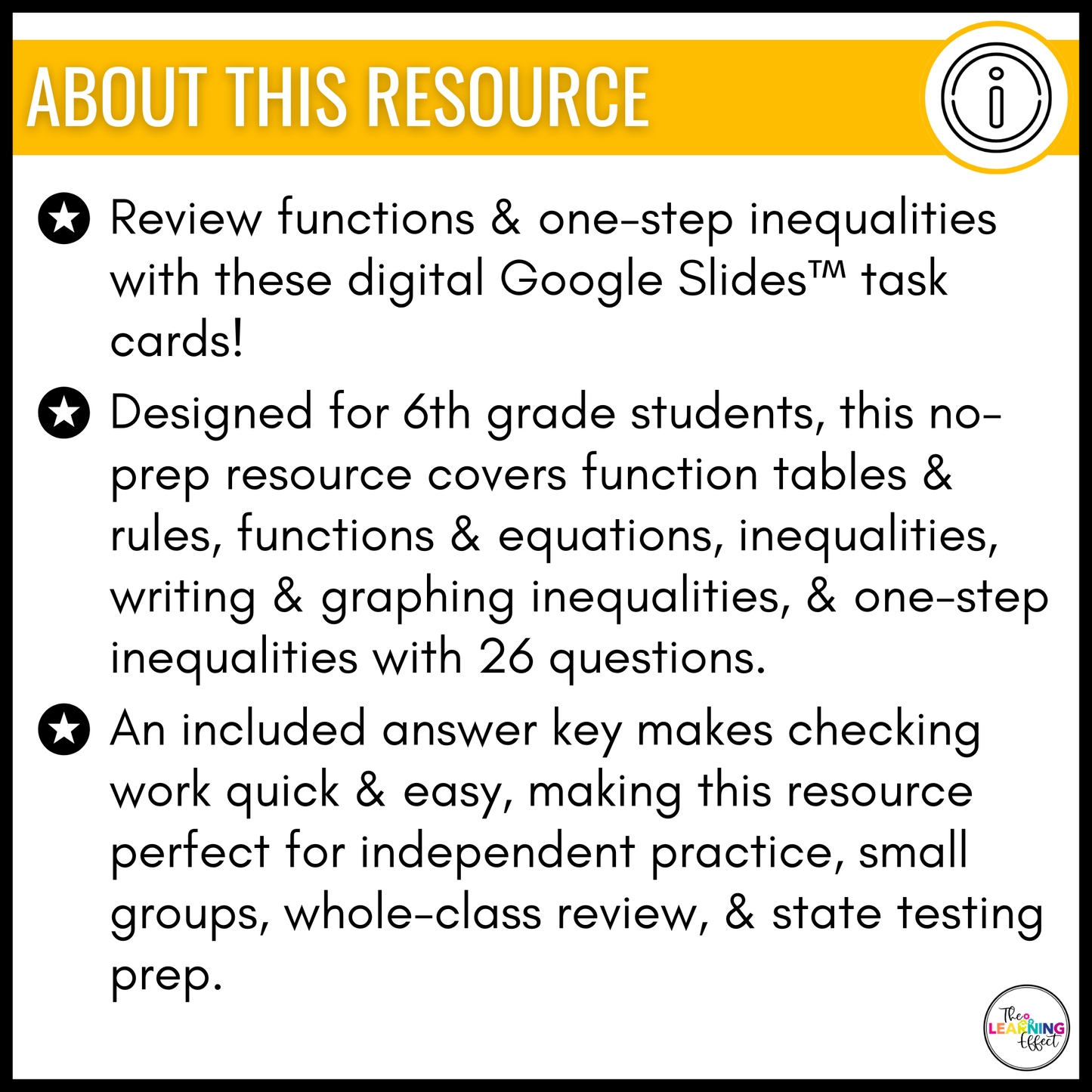 Functions and One Step Inequalities Google Slides | 6th Grade Digital Task Cards