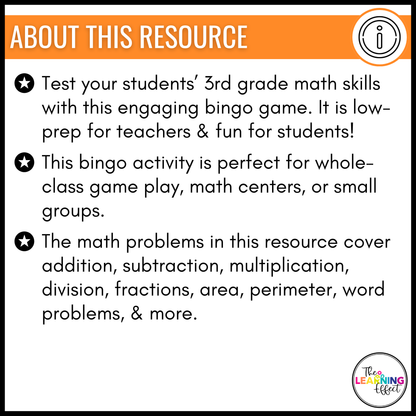 3rd Grade Math Spiral Review Bingo Game | End of Year Test Prep Activity