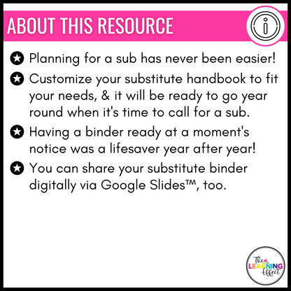 Substitute Teacher Binder Templates Editable | Print and Digital Sub Tub Pages