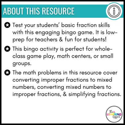 Mixed Numbers, Improper Fractions, and Simplifying Fractions Bingo Game | Math Review Activity