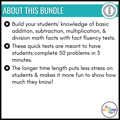 Math Fact Fluency Addition, Subtraction, Multiplication, and Division Timed Test BUNDLE