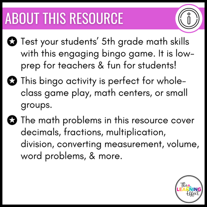 5th Grade Math Spiral Review Bingo Game | End of Year Test Prep Activity