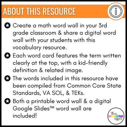 3rd Grade Math Word Wall | Printable Vocabulary Cards and Digital Google Slides