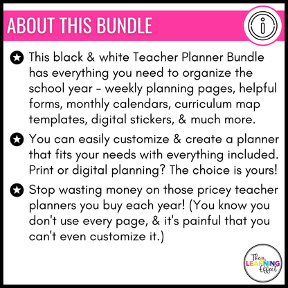 Editable Teacher Planner Binder Printable and Digital BUNDLE | Black and White