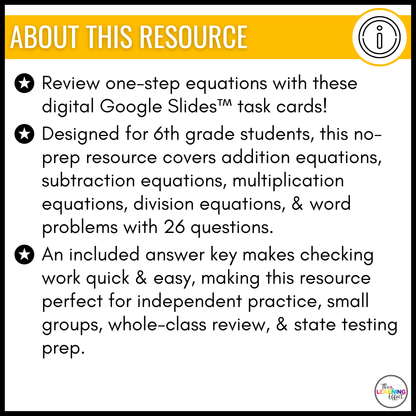 One Step Equations Google Slides | 6th Grade Math Digital Task Cards Activity