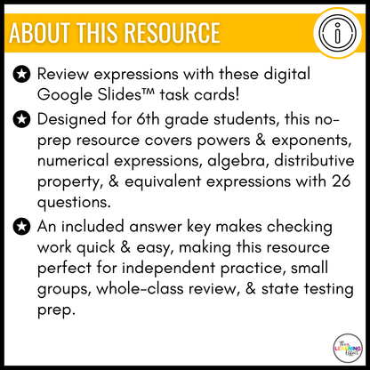 Expressions Google Slides | 6th Grade Math Digital Task Cards Activity