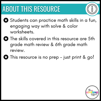 End of Year Math Activities Mystery Picture Worksheets | Review 5th and 6th Grade