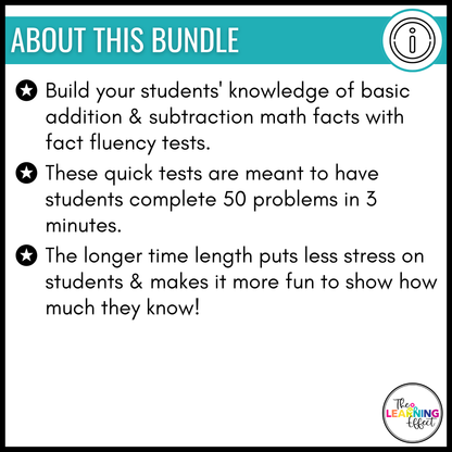 Math Fact Fluency Addition and Subtraction Timed Tests BUNDLE | Practice Worksheets