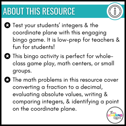 Integers and the Coordinate Plane Bingo Game | Math Review Activity