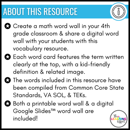 4th Grade Math Word Wall | Printable Vocabulary Cards and Digital Google Slides