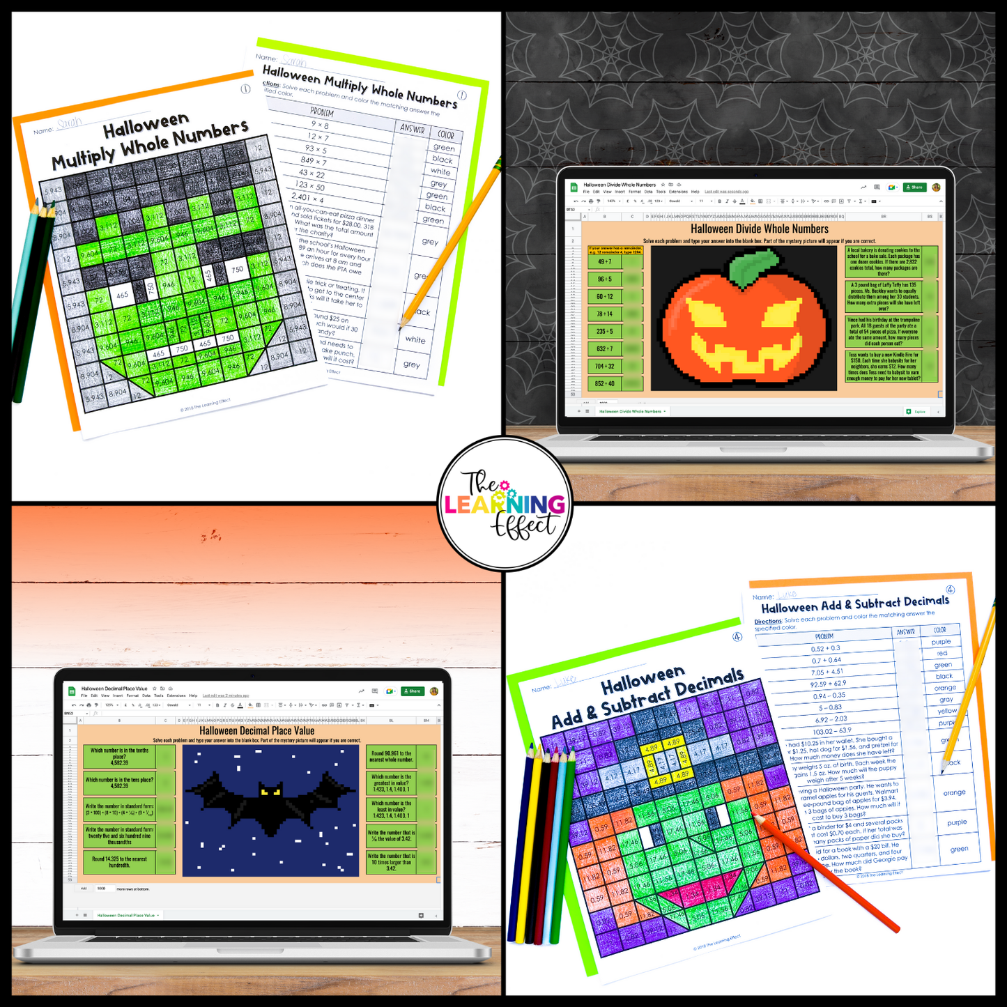 Halloween Math Activities Color by Number and Pixel Art BUNDLE