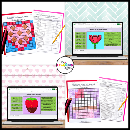 Valentine's Day Math Activities Color by Number and Pixel Art BUNDLE