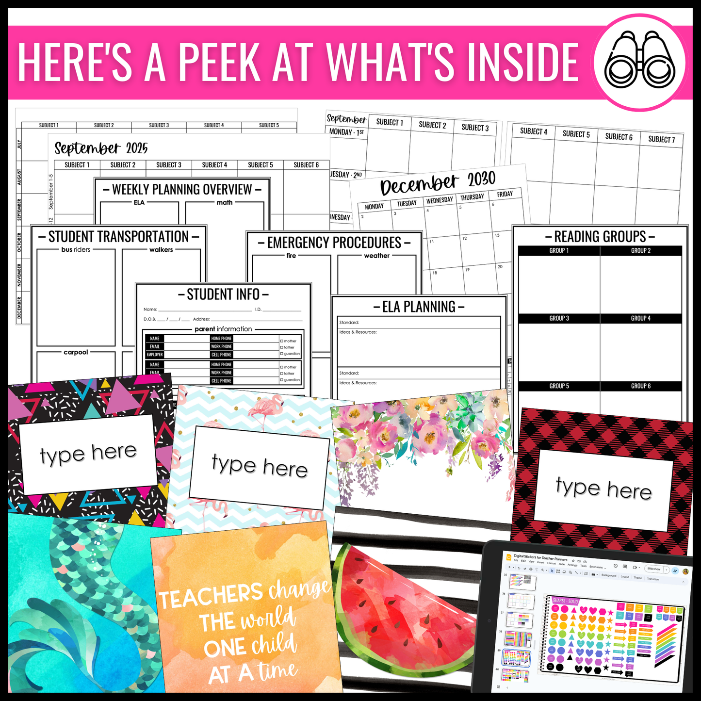 Editable Teacher Planner Binder Printable and Digital BUNDLE | Black and White