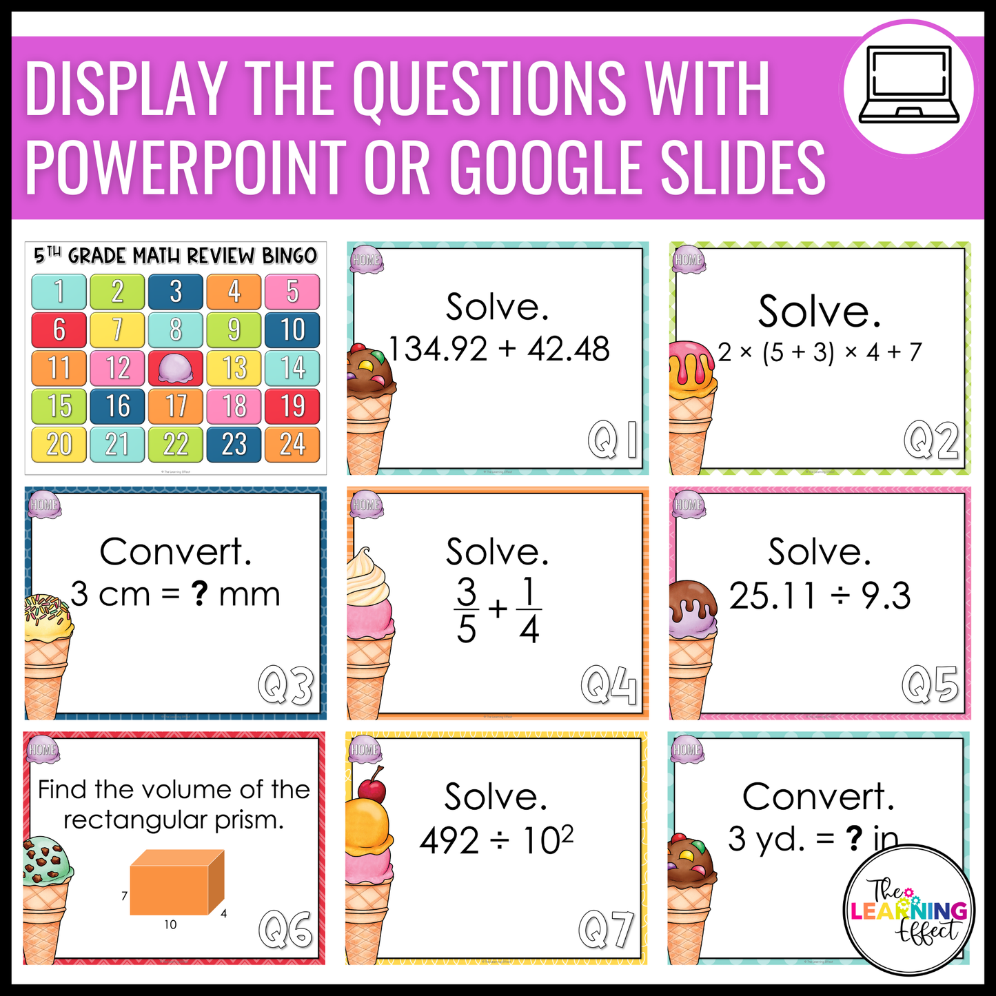 5th Grade Math Spiral Review Bingo Game | End of Year Test Prep Activity
