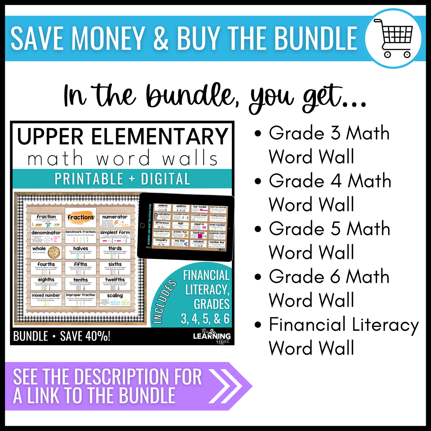 4th Grade Math Word Wall | Printable Vocabulary Cards and Digital Google Slides