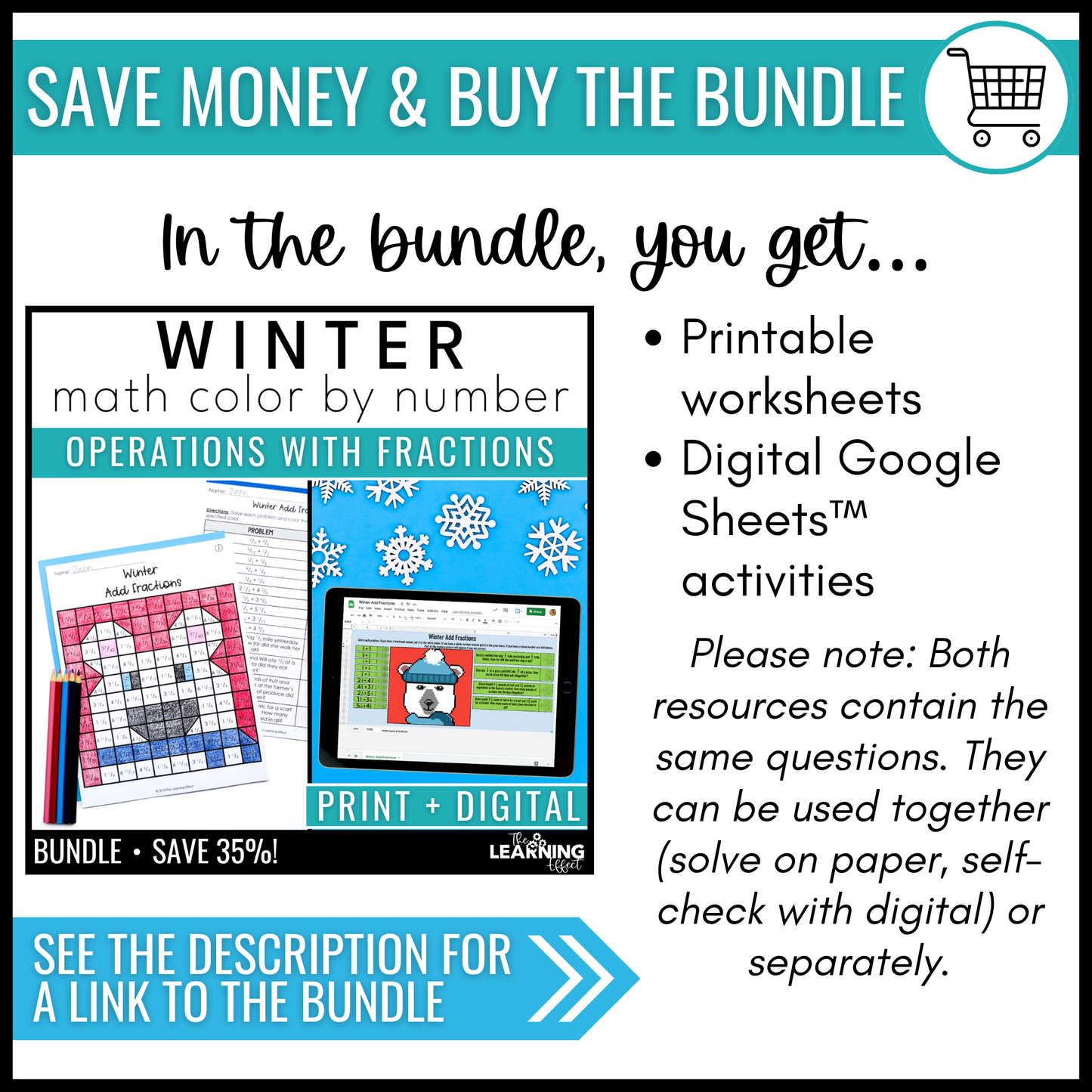 Winter Math Activities Mystery Picture Worksheets | Color by Number Fractions