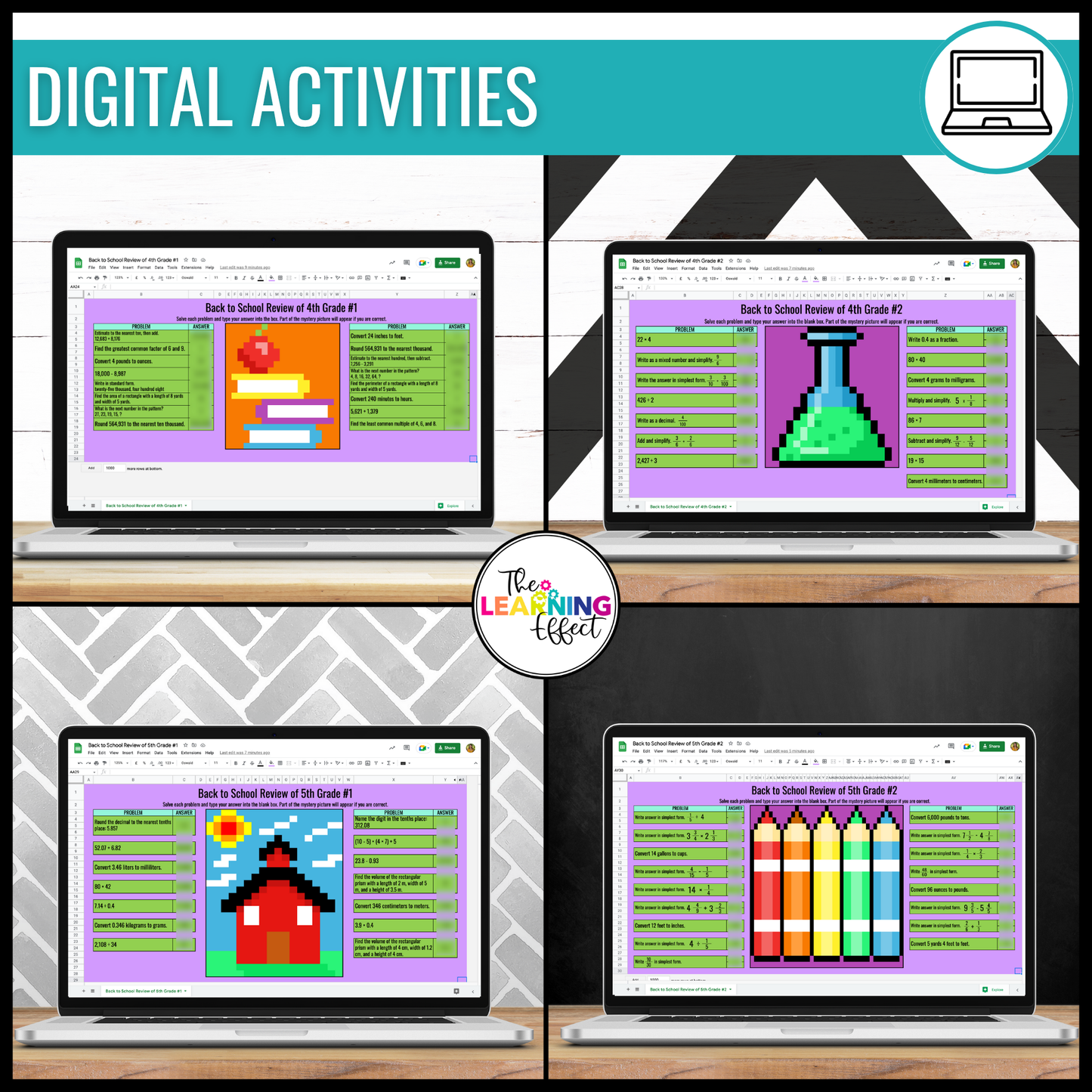 Back to School Math Review Activities Digital Pixel Art | 5th and 6th Grade