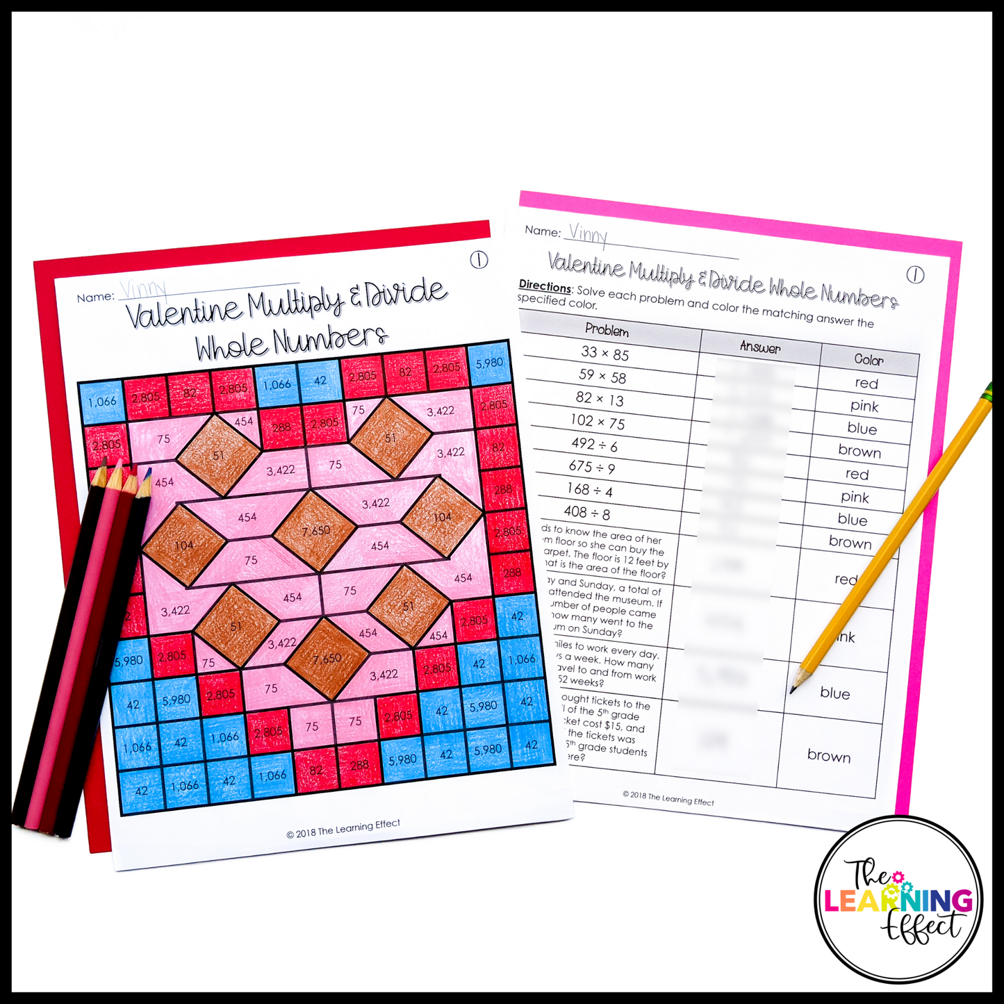 Valentine's Day Math Activities Mystery Picture Worksheets | Color by Number