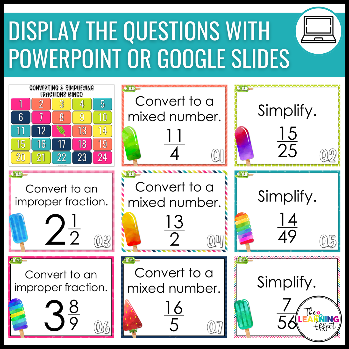 Mixed Numbers, Improper Fractions, and Simplifying Fractions Bingo Game | Math Review Activity
