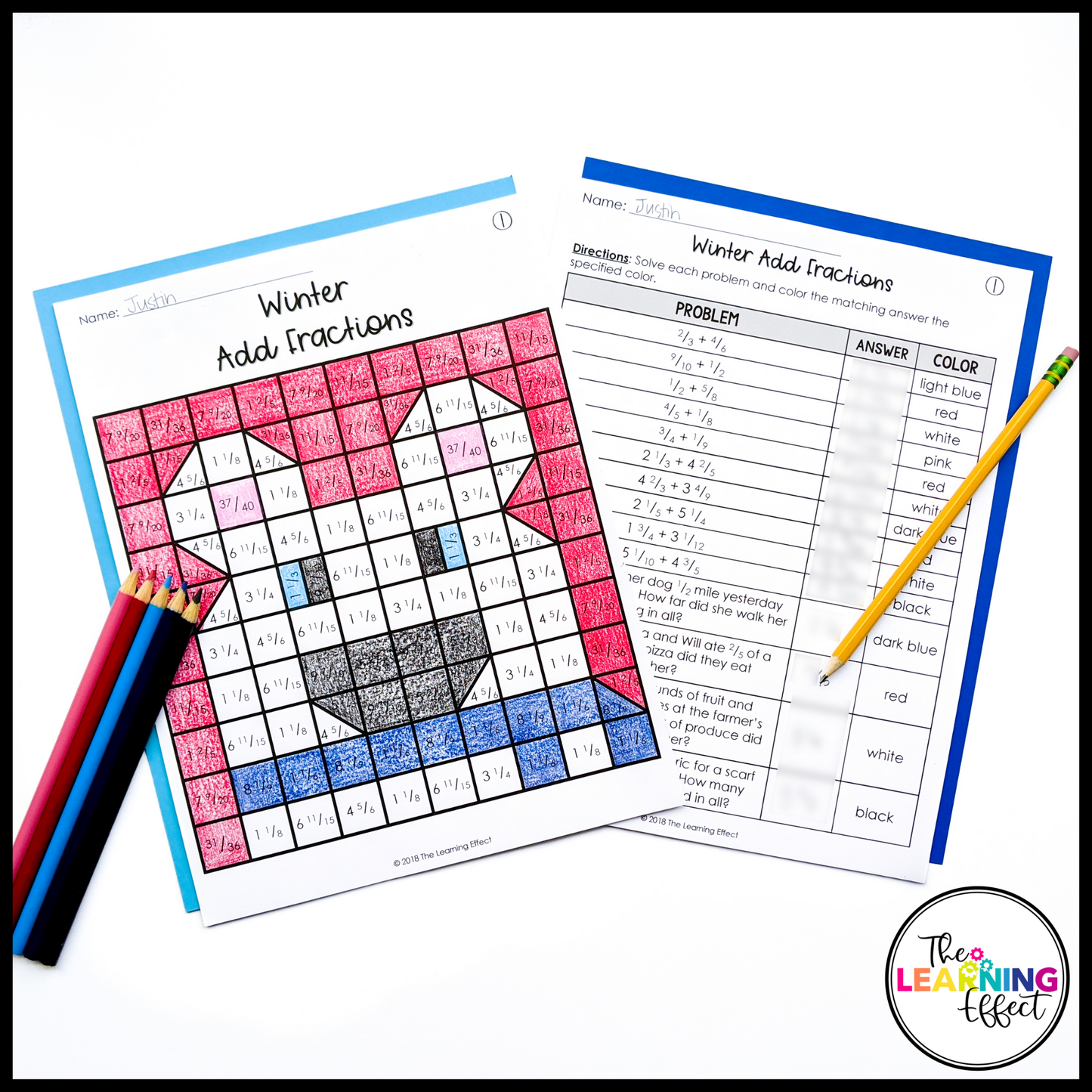 Winter Math Activities Mystery Picture Worksheets | Color by Number Fractions