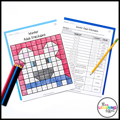 Winter Math Activities Mystery Picture Worksheets | Color by Number Fractions