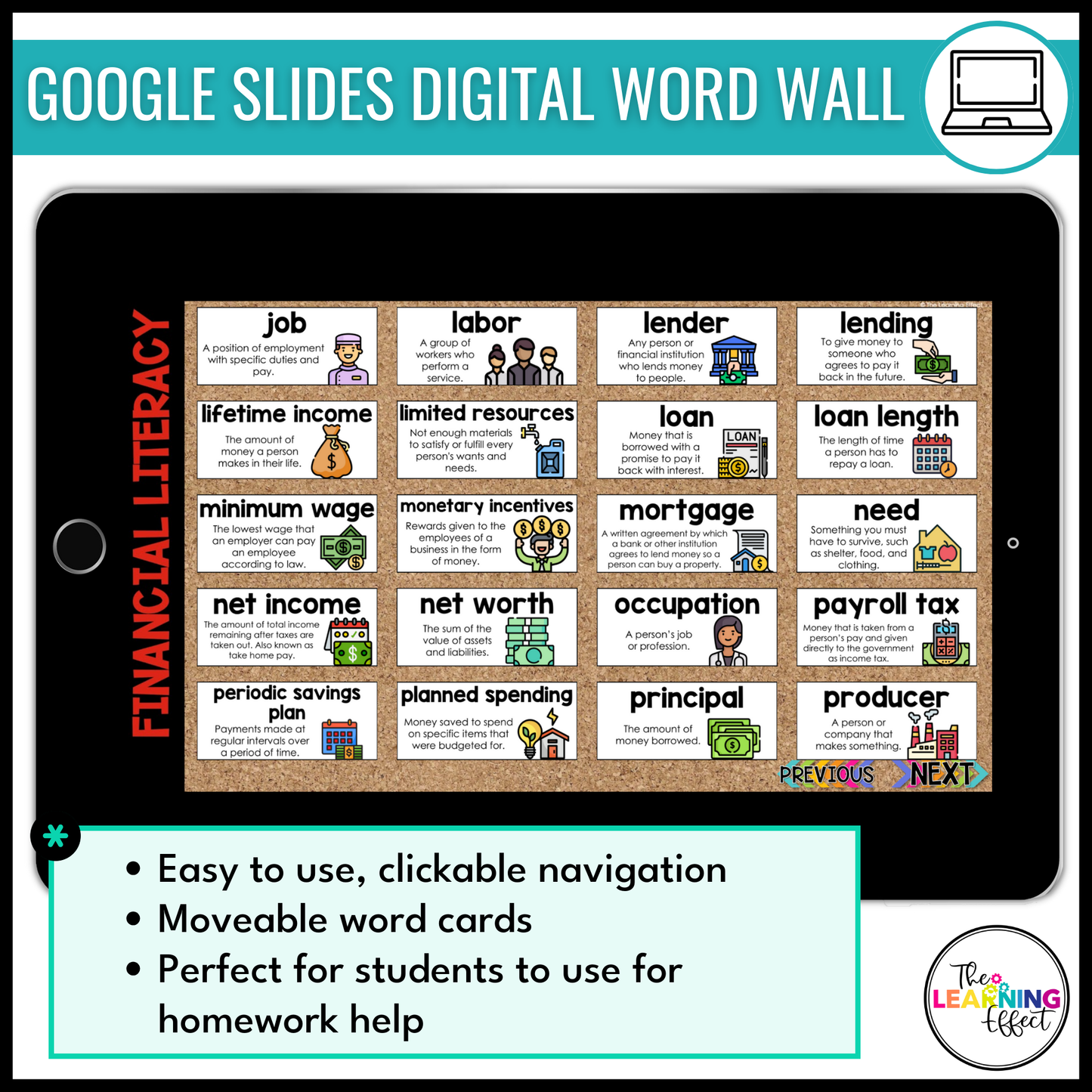 Financial Literacy Vocabulary Word Wall | Printable Cards & Digital Google Slides