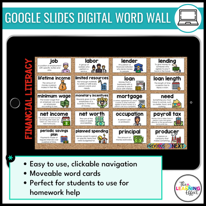 Financial Literacy Vocabulary Word Wall | Printable Cards & Digital Google Slides