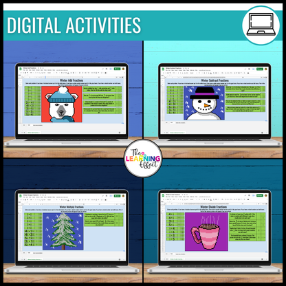 Winter Math Activities Digital Mystery Pixel Art | Operations with Fractions