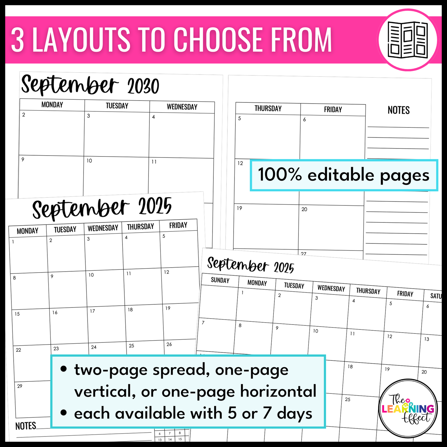 Editable Monthly Calendar Templates 2026 - 2030 | Print and Digital | Black and White