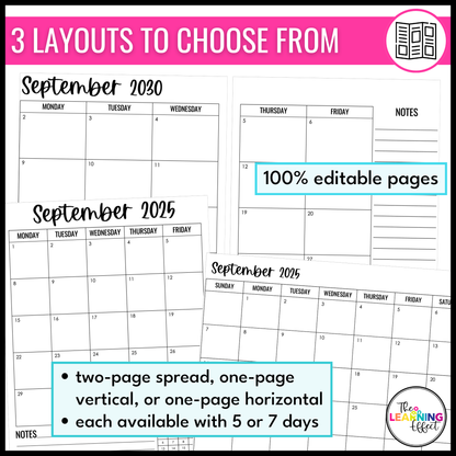 Editable Monthly Calendar Templates 2026 - 2030 | Print and Digital | Black and White