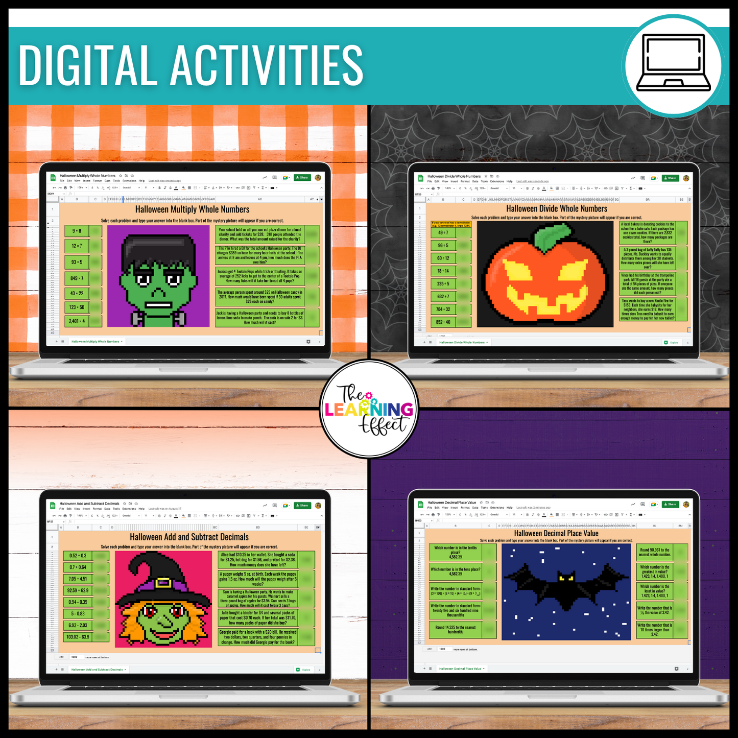 Halloween Math Activities Digital Pixel Art | Decimals, Multiplication, Division