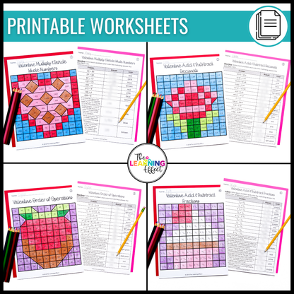 Valentine's Day Math Activities Color by Number and Pixel Art BUNDLE