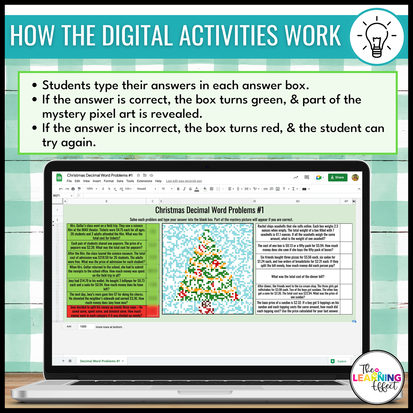 Christmas Math Activities Digital Pixel Art | Multiplication, Division, Decimals
