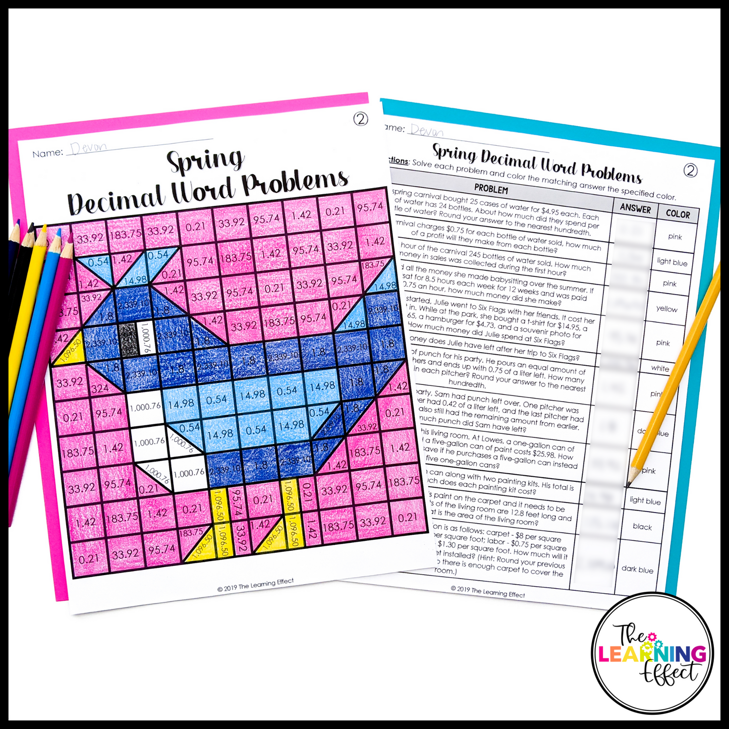 Spring Activities Mystery Picture Worksheets | Color by Number Word Problems