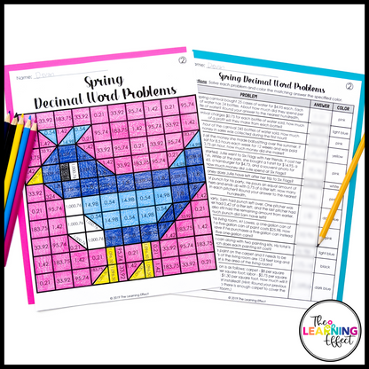 Spring Activities Mystery Picture Worksheets | Color by Number Word Problems