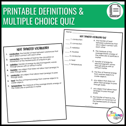 Heat Transfer Vocabulary | Word Wall and Quiz | Conduction, Convection, Radiation