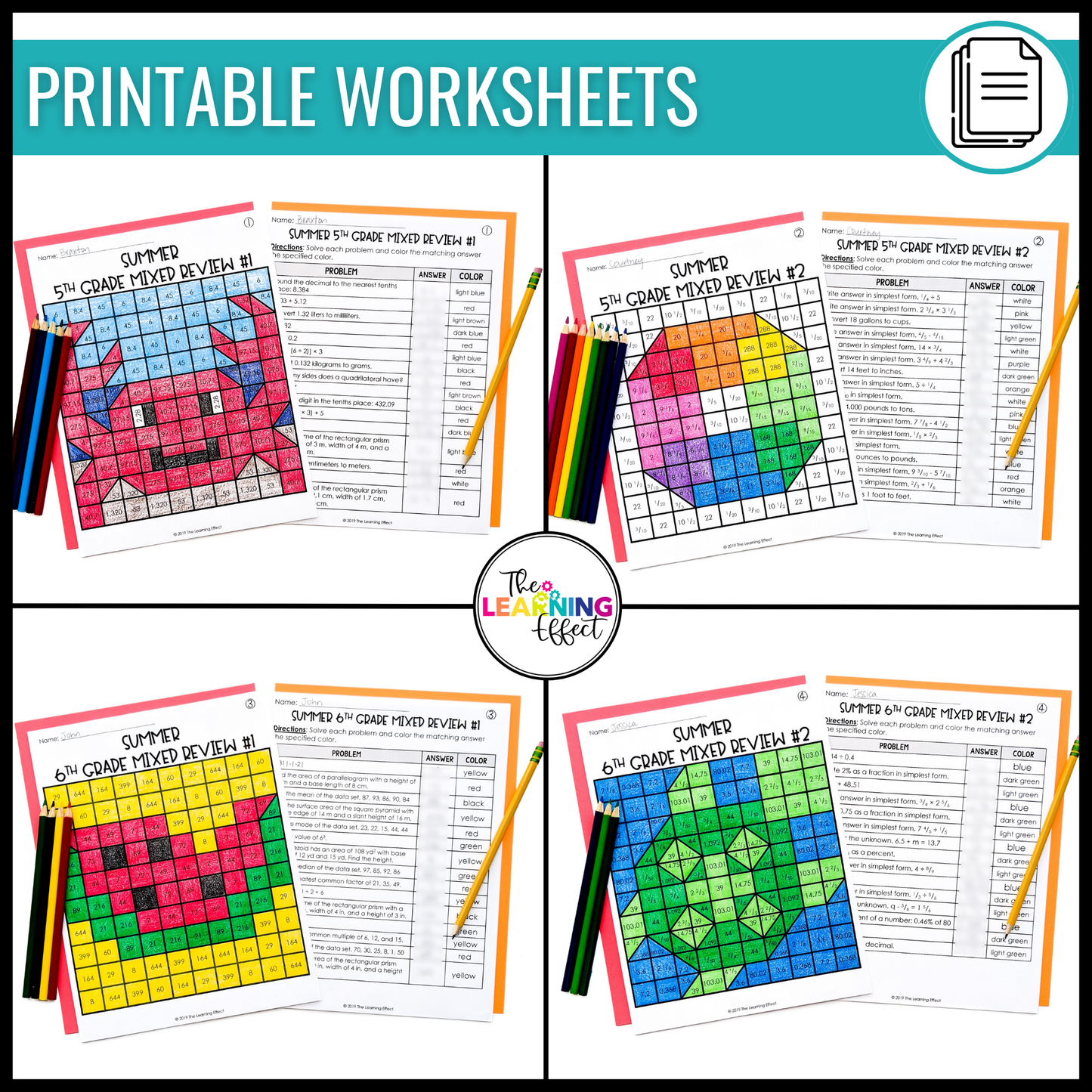 End of Year Math Review Activities Color by Number and Pixel Art BUNDLE